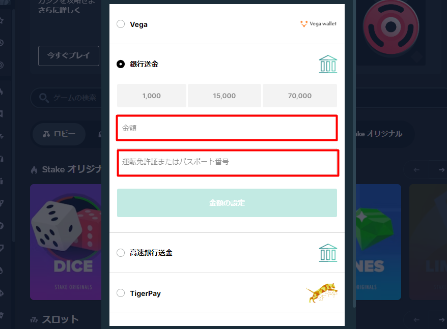 ステークカジノへ銀行送金を使って銀行振込で入金する際に必要項目を入力する様子