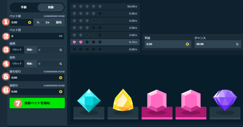 ステークカジノのオリジナルゲームDIAMONDSの自動プレイ方法