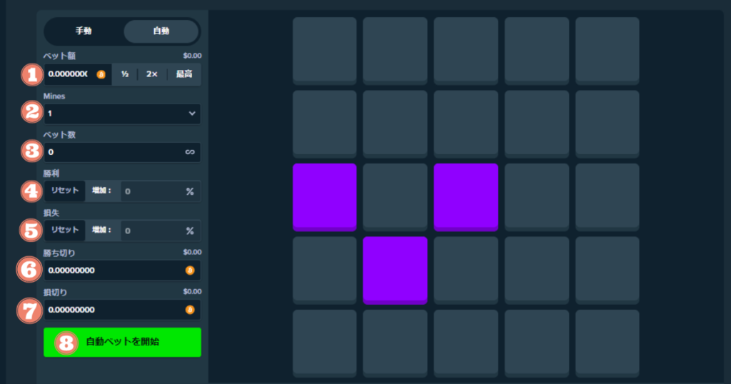 ステークカジノのオリジナルゲームマインズの自動プレイ画面