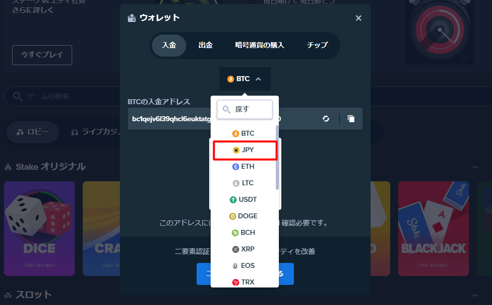 ステークカジノへタイガーペイを使って入金する際に通貨をJPYに変更する様子