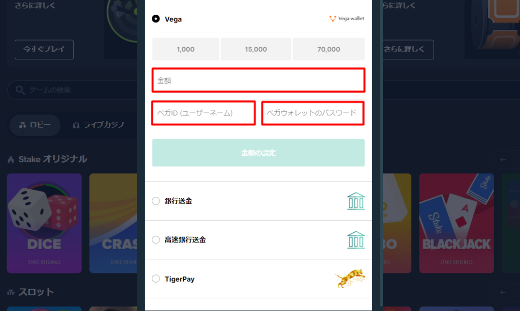 ステークカジノへベガウォレットを使って入金する際に必要項目を入力する様子