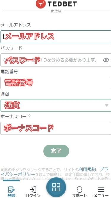 テッドベットカジノの入金不要ボーナスを受け取る際に基本情報を入力する様子