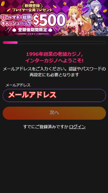 インターカジノの入金不要ボーナスを受け取る際にメールアドレスを入力する様子